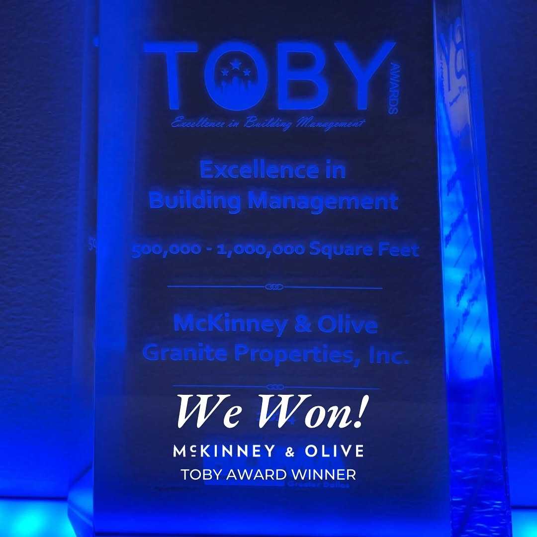 McKinney & Olive is excited to announce that we have been awarded the BOMA Greater Dallas Outstanding Building of the Year (TOBY) Award. The TOBY Award is the most prestigious program in the commercial real estate industry, recognizing not only the quality of the building but also the expertise and leadership of its management team. McKinney & Olive will advance to compete in the Southwest Region in April. Congratulations to the entire McKinney & Olive team!
 
Additionally, two members of the Property Experience Team have been honored with BOMA Dallas Lone Star Industry Excellence Awards. Congratulations to Trish Wentz, Assistant Property Manager, and Blake Leerssen, Chief Engineer.